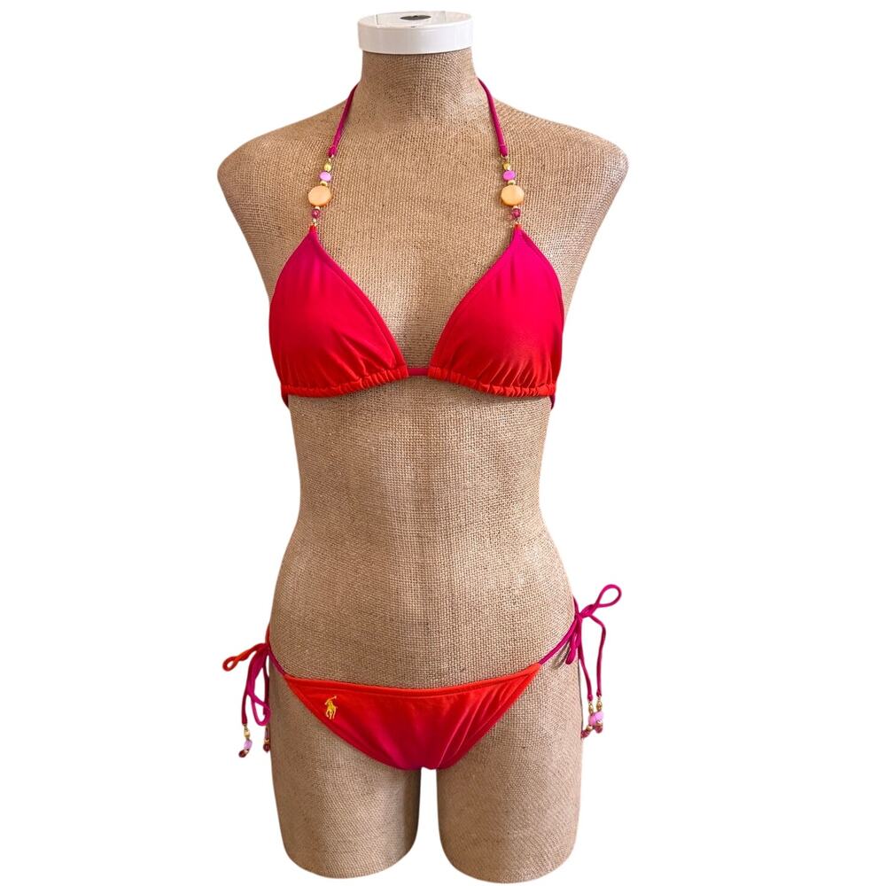Polo Ralph Lauren Ombré Beaded Bathing Swimsuit Triangle Top String Bikini Small